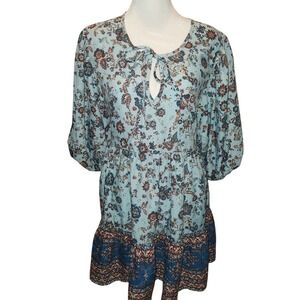 BOG Collective Boho Floral Print Tie Neck Mini Dress Women Size‎ S